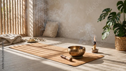 Serene Meditation Space with Singing Bowl and Incense.