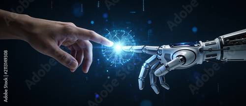 Human and robotic hands touching through artificial intelligence digital interface