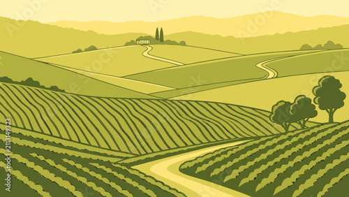 Panoramic Rolling Vineyard Hills Gradient Travel Vector Poster