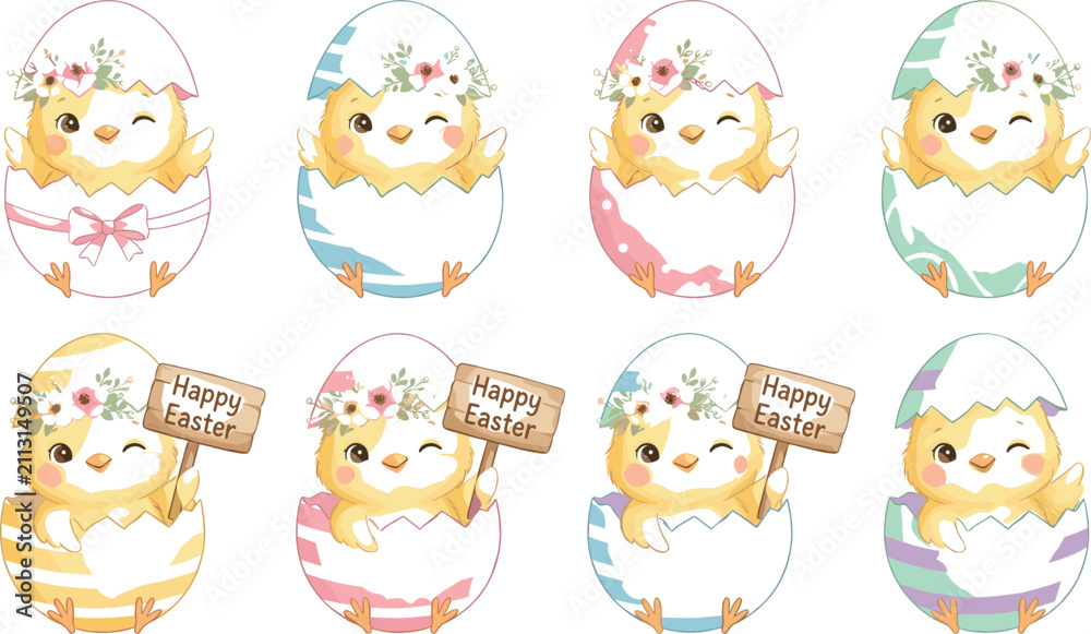 Obraz premium Cute Easter Chick in Egg Shell Vector Icon Set with Happy Easter Signboards Floral Headbands and Colorful Pastel Striped Patterns
