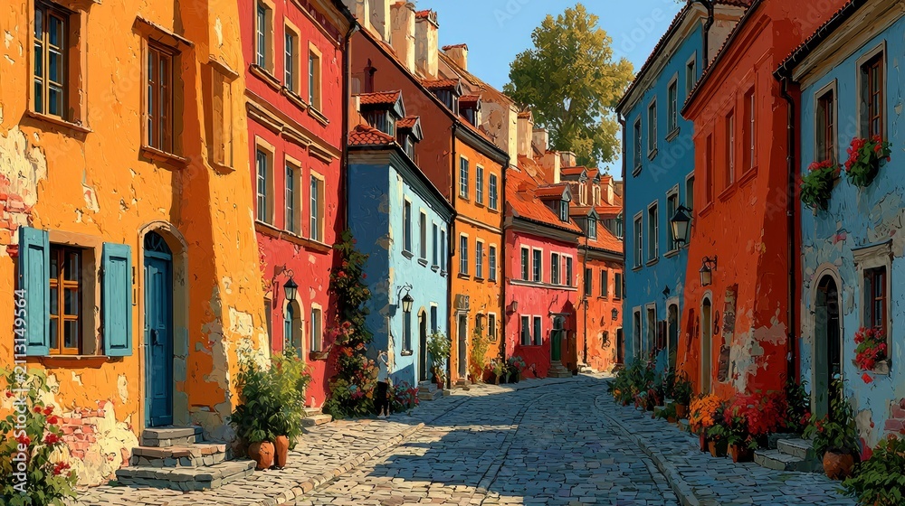 Fototapeta premium Colorful European street with vibrant buildings, cobblestone path and lush greenery