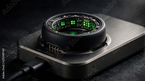 Futuristic Smart Ring Device Charging on a Sleek Metallic Dock.