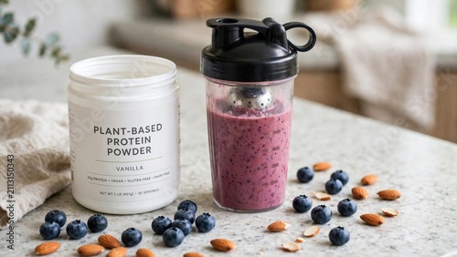 Healthy Plant-Based Protein Powder Smoothie with Berries and Almonds.