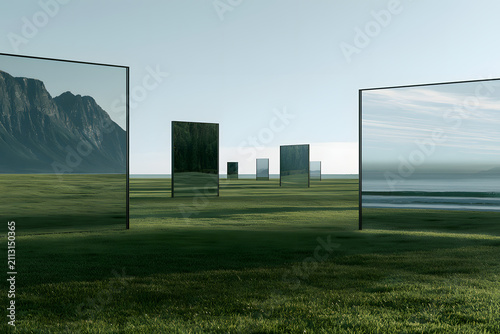 Surreal landscape with mirrors reflecting diverse natural scenes like mountains, ocean, and forest in a vast green field under a clear sky. A conceptual art piece.
