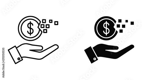 Foto Hand Holding Dollar Sign Coins and Piggy Bank Savings Vector Illustration Line A
