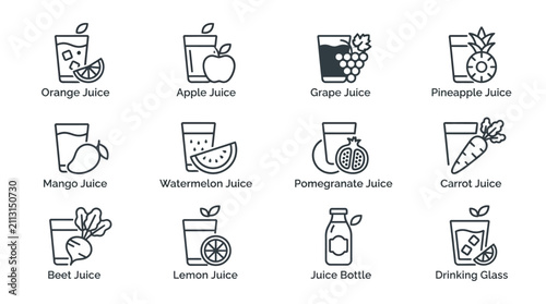 Canvastavla Collection of fresh fruit juice icons in line art style.