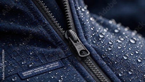 Close-up of a dark blue waterproof jacket with water droplets on the fabric and a zipper.