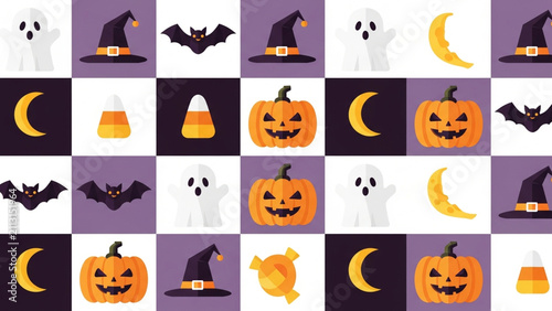 Halloween Seamless Pattern with Pumpkins Ghosts Bats and Witch Hats on Purple Grid