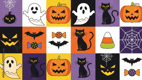 Halloween Pattern Background with Pumpkins Ghosts Black Cats and Bats in Grid Layout
