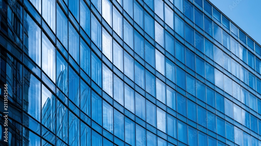 Obraz premium Modern Blue Glass Building with Reflective Curved Architecture and Windows