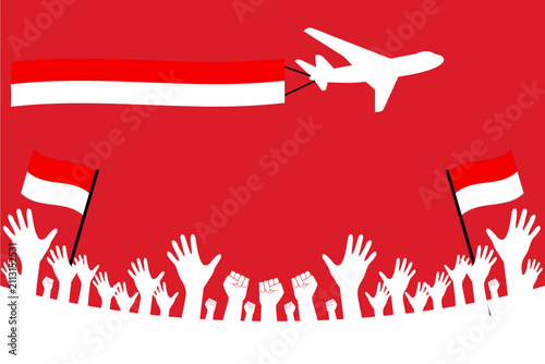 Indonesia Independence Day celebration vector: many white raised hands, flags, and airplane with red and white banner on red background
