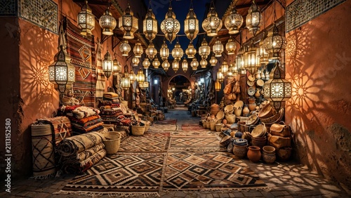 Illuminated Moroccan Souk at Night with Traditional Lanterns and Goods.