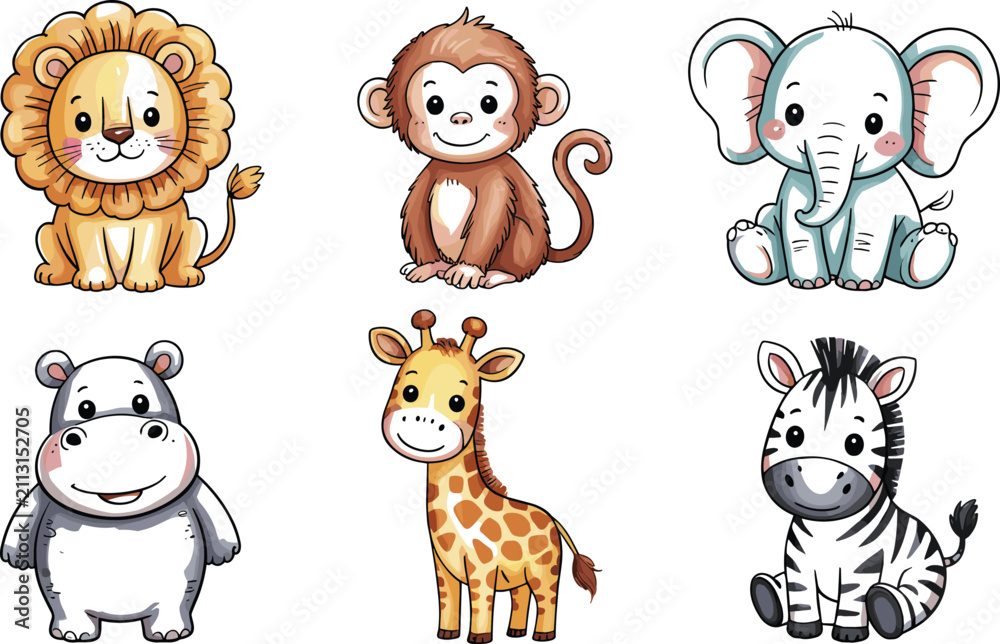 Obraz premium Cute Cartoon Safari Animals Vector Collection with Lion Monkey Elephant Hippo Giraffe and Zebra Illustrations for Kids Nursery Decor and Baby Birthday Invitations