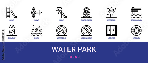 Bild auf Leinwand Set of 12 outline web Water Park icons such as lifebuoy, lockers, undrinkable, w