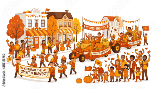 Happy people celebrating harvest festival parade with marching band, tractor float, and autumn decorations in a town street, cartoon vector illustration