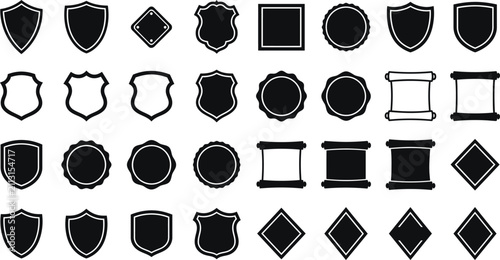 A collection of various shield and emblem shapes in black and white for logo design and graphic projects