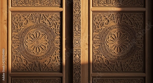 Intricate Hand-Carved Wooden Double Doors Featuring Geometric Arabic Calligraphy and Floral Motifs Evoking Ancient Architecture and Traditional Craftsmanship for Heritage Projects and Interior Design.