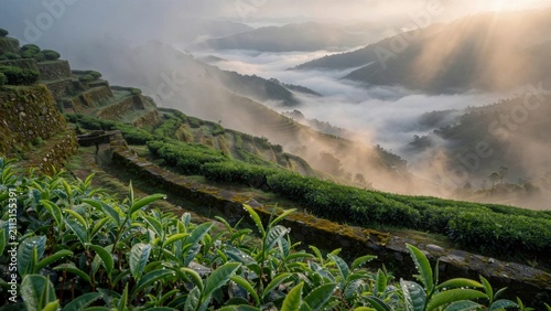 Misty Sunrise Over Lush Green Tea Plantations on Rolling Hills.