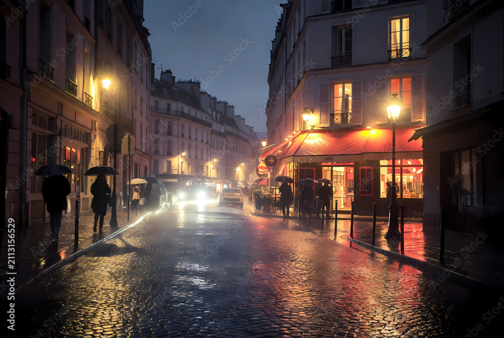 Fototapeta premium A rainy evening in a European city with people walking under umbrellas on a wet cobblestone street lined with buildings and streetlights