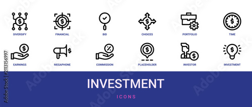 Quadro su tela Set of 12 outline web Investment icons such as investment, investor, placeholder