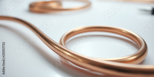 Close-up view of gleaming copper tubing forming elegant, abstract shapes on a bright surface