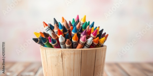 Colorful Crayons in Wooden Container, Ready for Creative Art Projects