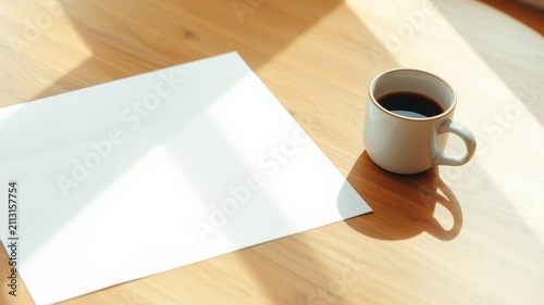 Sunlight illuminates a blank sheet of paper and a cup of coffee on a wooden surface