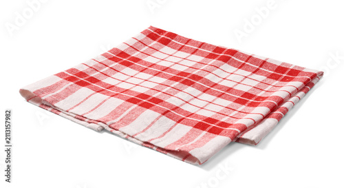 Red napkin on white background. Folded red-and-white gingham kitchen towel isolated.