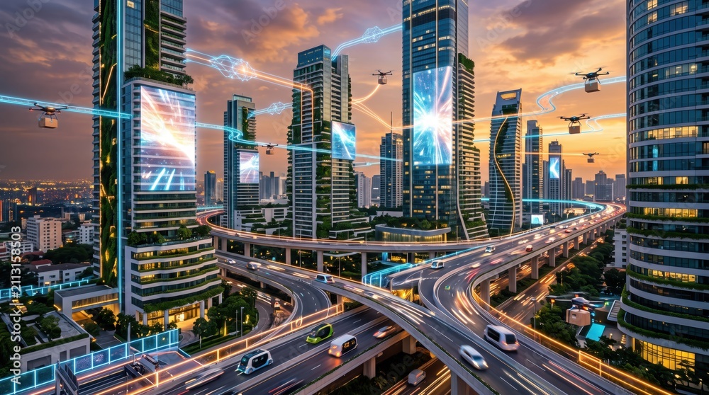 Obraz premium Futuristic smart city skyline with flying drones and digital network connections, advanced transportation system on highway bridges, high tech urban architecture and logistics c...