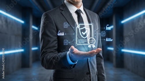 Businessman holding digital quality assurance hologram. Professional checking compliance data.