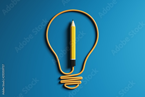 Konstfotografi Creative yellow pencil shaped light bulb concept on blue background for modern innovation, ideas, education, inspiration, and design