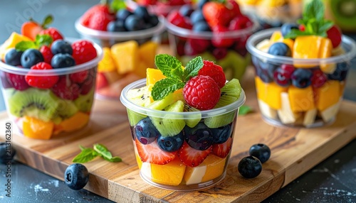 Colorful fruit cups ready for meal prep