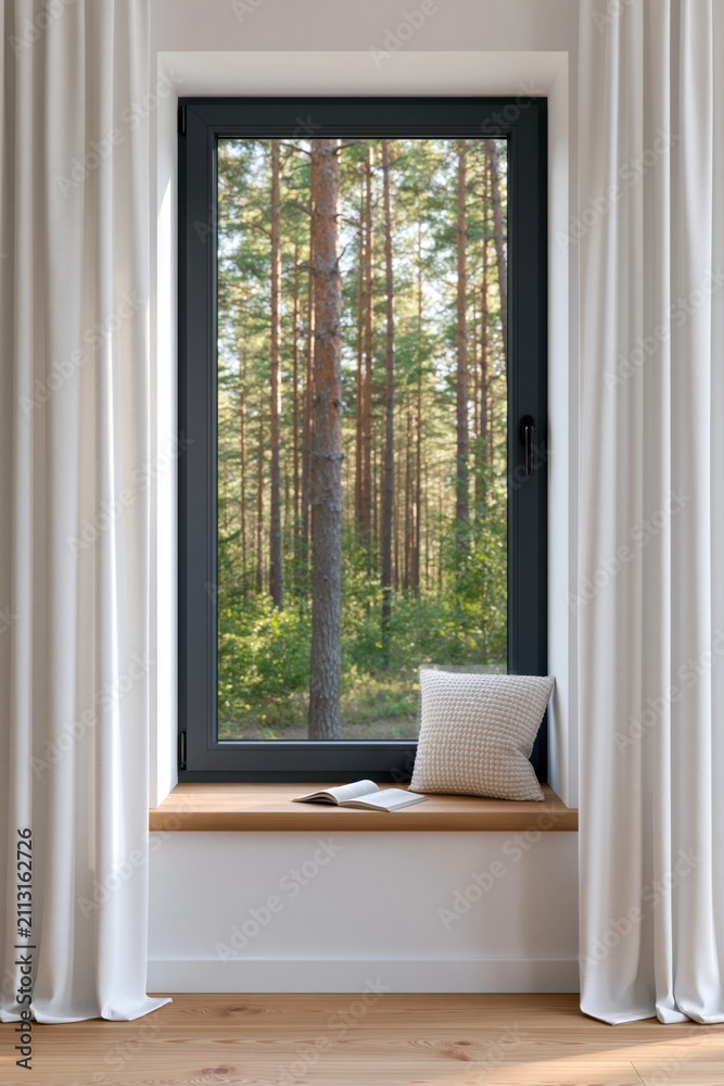 Fototapeta premium Window view of a cozy interior nook with white curtains and a book by pine forest