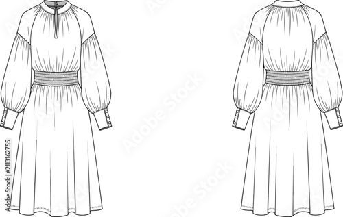 Canvastavla Technical fashion of a long sleeve midi dress with a gathered waist on a white b