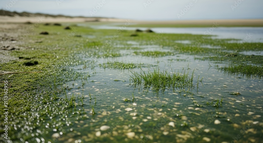 Fototapeta premium Coastal Intertidal Zone Vegetation Algae and Grass Flourishing Amidst Tidal Pools and Sandy Shoreline Under a Softly Blurred Sky Capturing Nature's Resilience and Aquatic Ecosystem Dynamics