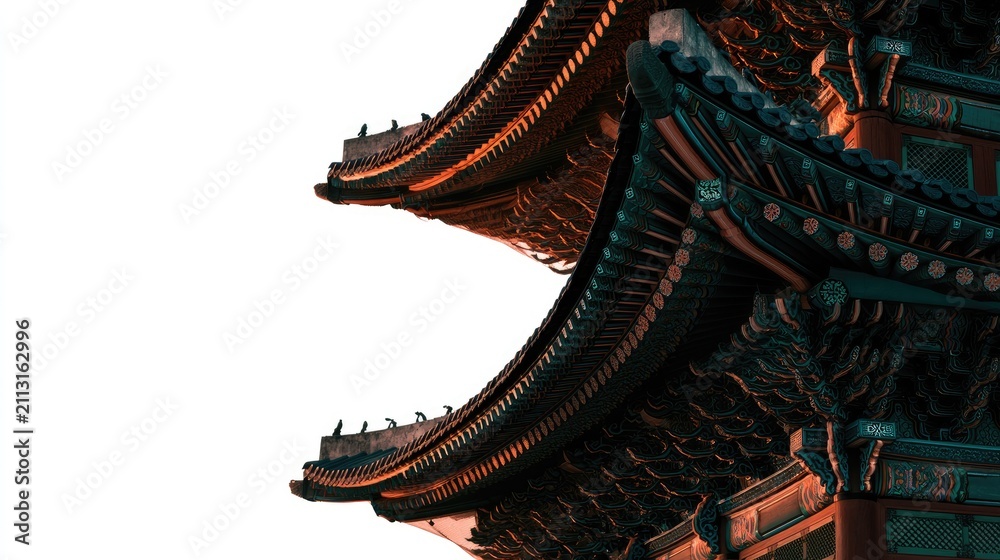 Obraz premium Traditional Asian temple roof with ornate detail and vibrant colors against bright sky
