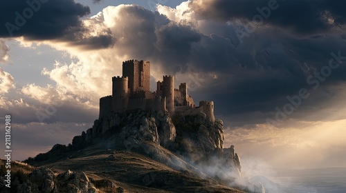 Majestic medieval castle perched on rocky hill under stormy sky during sunset
