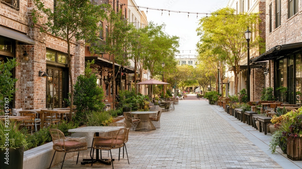 Fototapeta premium Quaint cobblestone street lined with outdoor cafes and lush greenery in a charming urban neighborhood