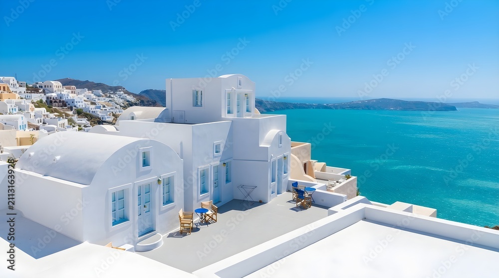 Obraz premium Breathtaking white Cycladic villas overlooking an endless turquoise Aegean Sea, with sunlit terraces and sculptural domes capturing the luxurious calm and timeless beauty of Mediterranean Greek island