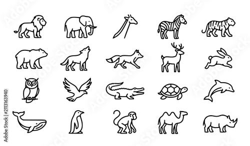 Diverse Animal Outline Icon Set with Editable Stroke Minimal Wildlife Vector Collection