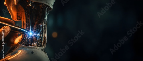 Close up of engineer hand repairing robot or humanoid cyborg with soldering tool and sparks, artificial intelligence and robotics engineering concept with copy space, generative AI