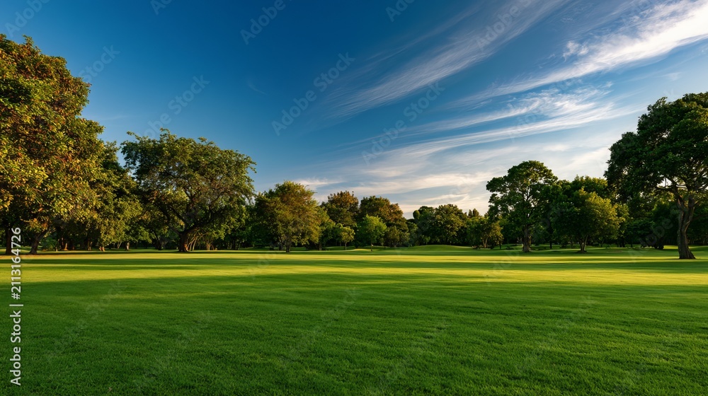 Fototapeta premium Lush green park landscape at sunset. Scenic nature view with trees and blue sky.