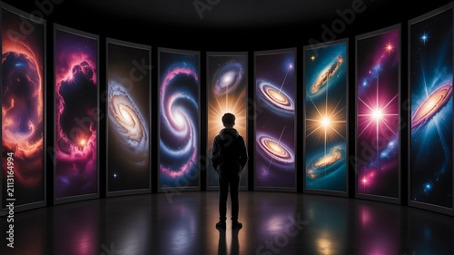 Person exploring immersive digital gallery displaying colorful galaxies and deep space artwork