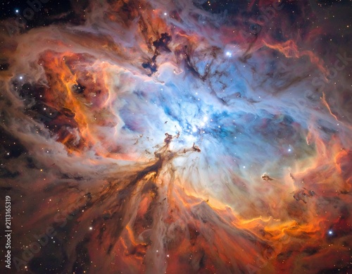 Vivid, colorful celestial nebula with fiery oranges, deep blues, and swirling cosmic patterns