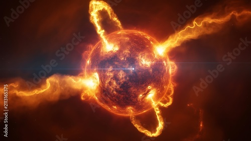Fiery star with intense solar eruption and plasma energy in deep space