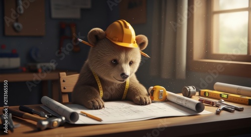 Adorably Anthropomorphic Bear Cub as a Budding Architect or Engineer Deep in Thought Over Blueprints and Construction Tools Symbolizing Future Planning and Creative Endeavors for Childhood Learning an