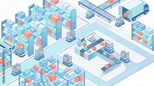 isometric warehouse distribution center with trucks and storage units illustrating logistics and supply chain operations in an