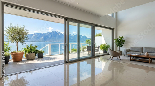 Modern living room with panoramic lake and mountain views, sliding doors