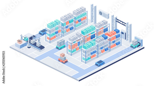 Automated warehouse logistics with robotics, high-tech storage systems, and autonomous vehicles optimizing inventory management