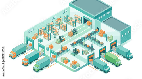 Industrial packaging and logistics warehouse with multiple zones, trucks, forklifts, and organized storage facilities for